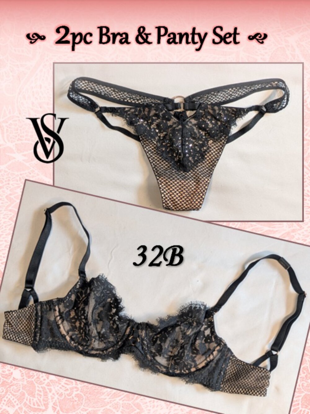 Sexy!! 2pc Victoria's Secret Balconette Bra & Panty Fishnet Lace Set